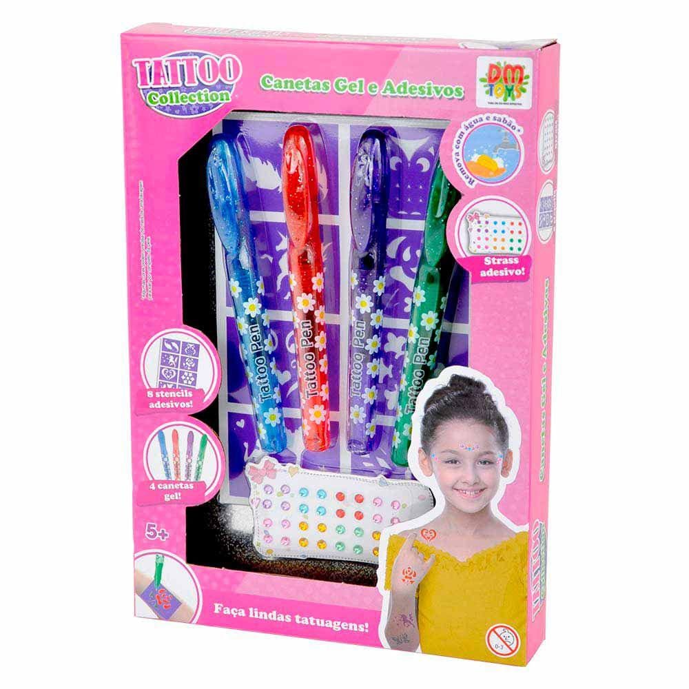 Kit Tatuagem Temporária Infantil - Tattoo Collection - Canetas Gel e Adesivos - DM Toys