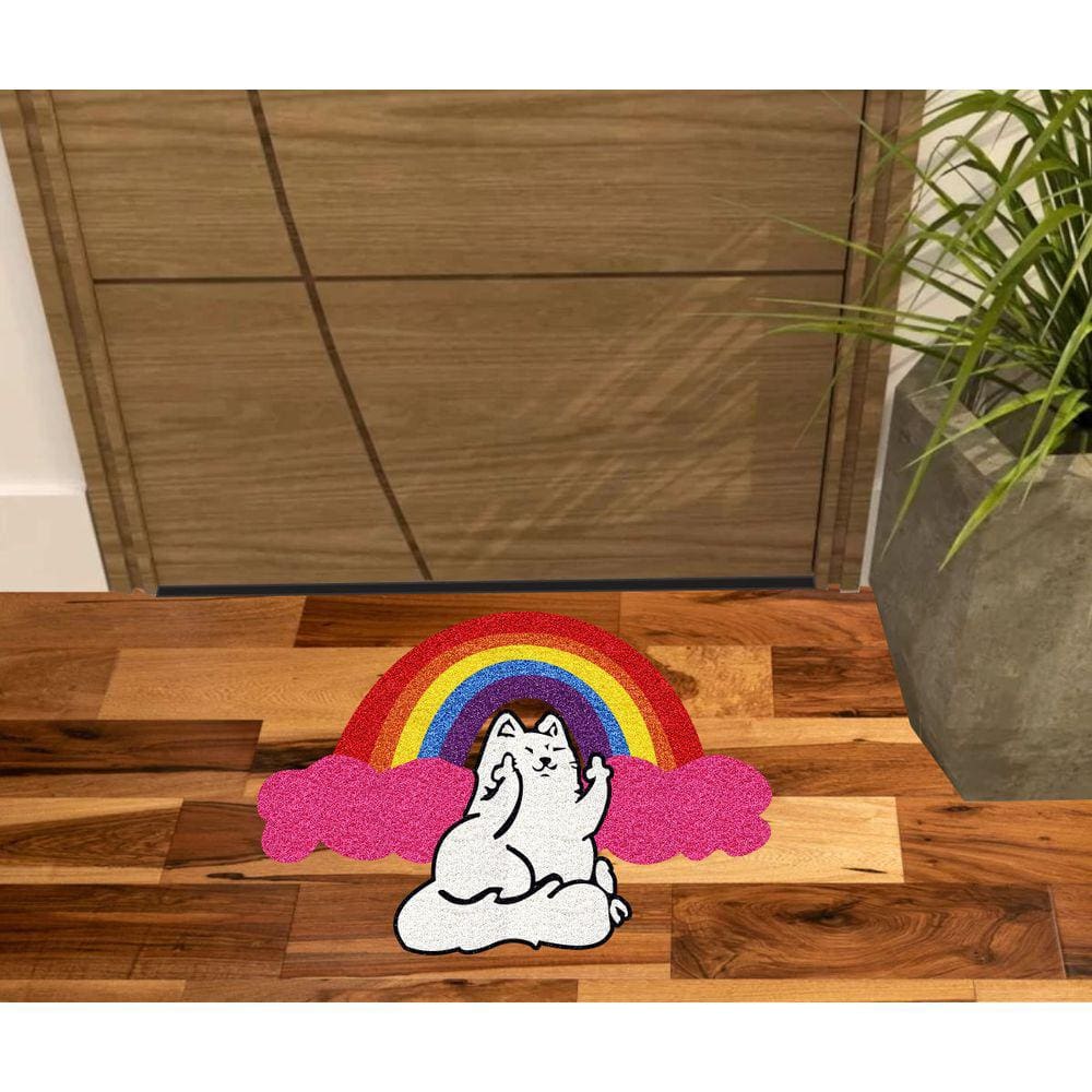 Tapete Capacho Arco Iris Gato Divertido Medida Porta E Para Decoração,