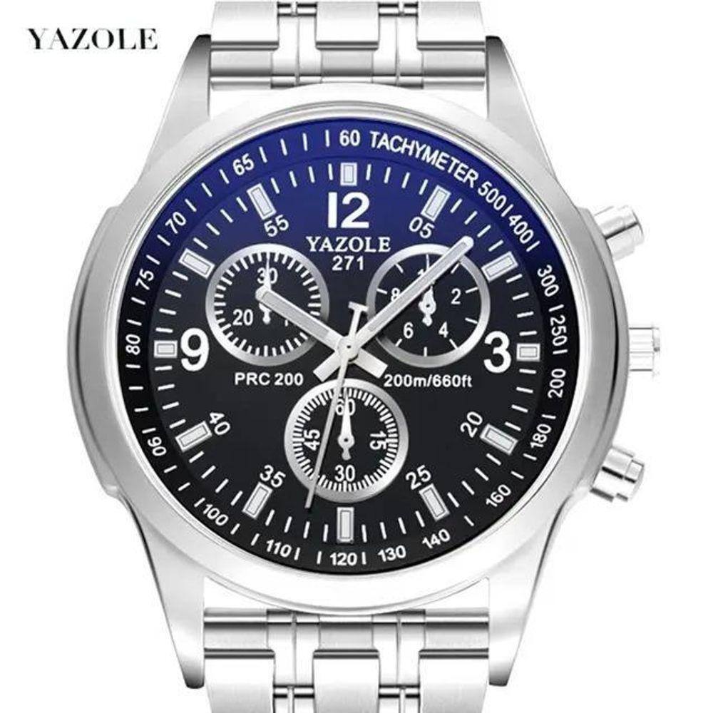 Relógio Masculino Yazole 271 Aço Inox Fundo Azulado