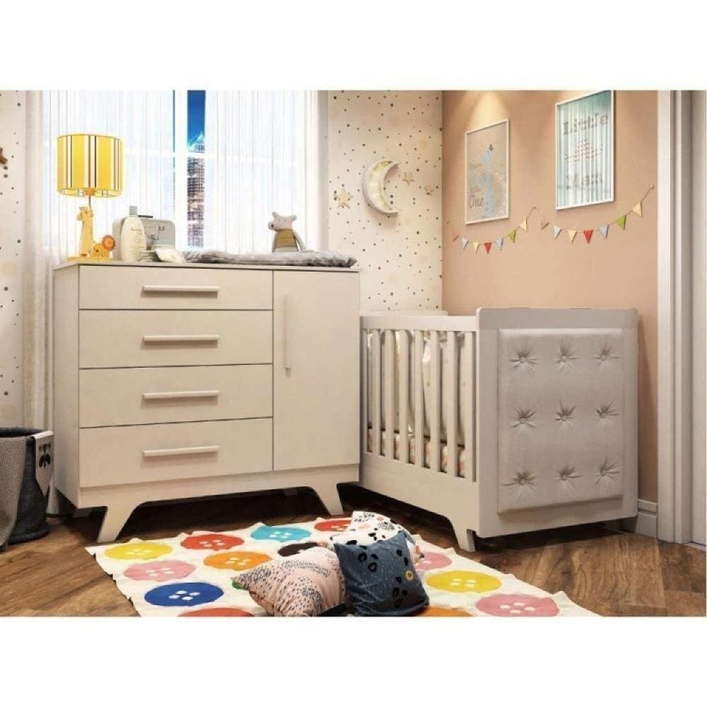 Conjunto para Quarto de Bebê com Cômoda 1 Porta 4 Gavetas e Berço com Capitone Retrô Móveis Peroba Branco Brilho/Corino Branco