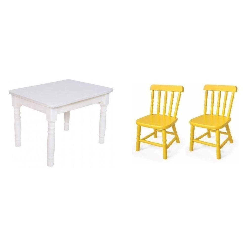 Conjunto Infantil Mesa 68x52cm c/2 Cadeiras Madeira Maciça Branco/Amarelo