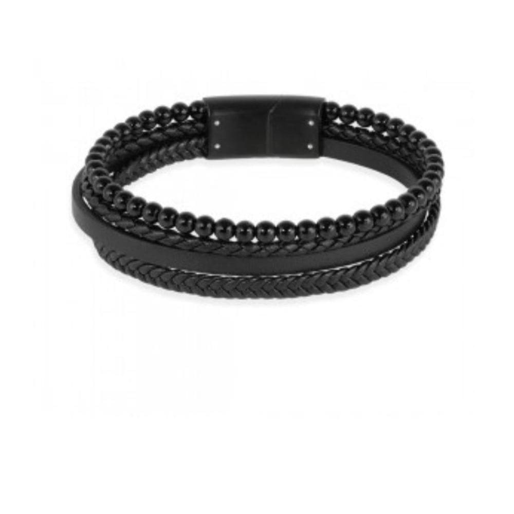 Bracelete Rosso Couro Preto Fio Trançado Shambala Onix Liso