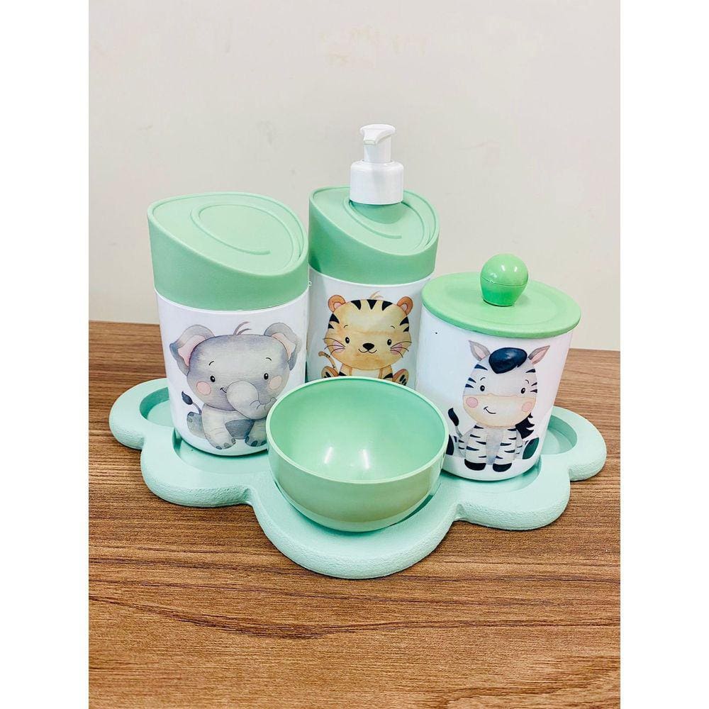 Kit Higiene Elefante, Zebra, Tigre Verde C/Bandeja Nuvem Verde