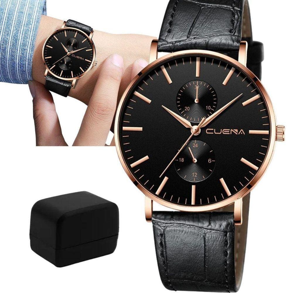 Relógio de Pulso Croco Preto e Bronze Ultrafino + Caixa