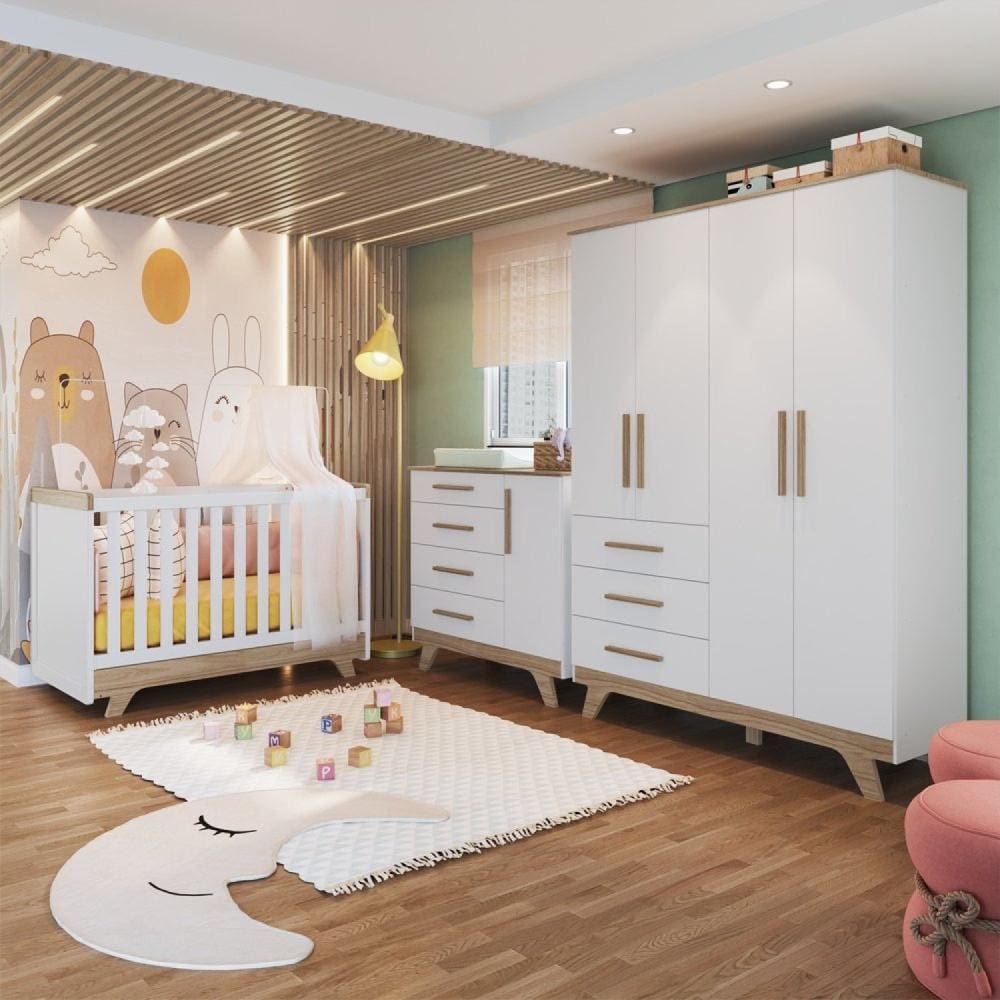 Quarto de Bebê Completo com Guarda Roupa Cômoda e Berço 100% MDF Kakau Retrô Espresso Móveis Branco Brilho/Carvalho