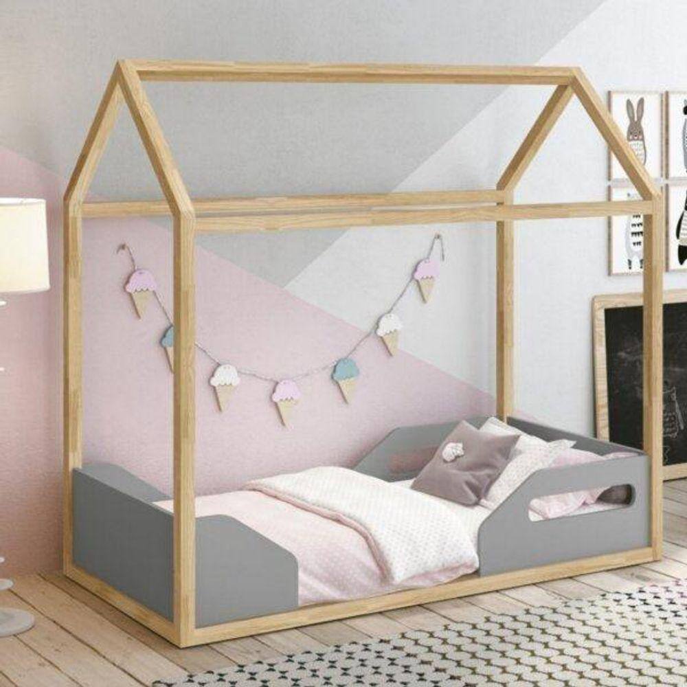 Mini Cama Montessoriana Infantil Zoe Móveis Reller Cinza Fosco/Madeira Pinus