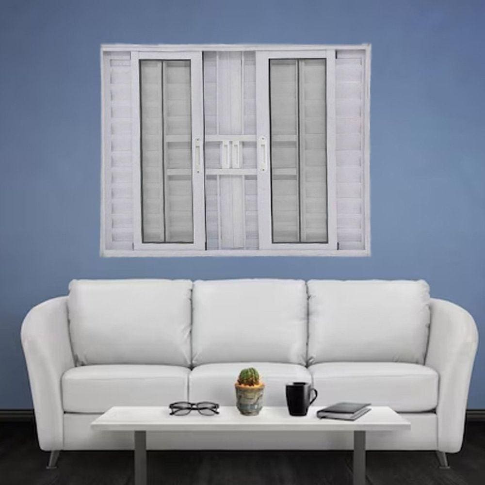 Janela Veneziana de Alumínio 6 Folhas 100 x 100cm Linha 25 com Grade Esquadrias Bergame Branco