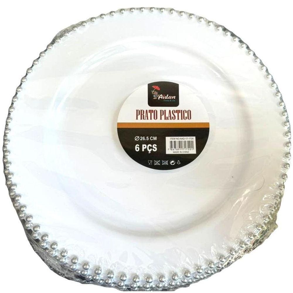 Jogo Pratos Jantar 26M Bolinha Prata Plástico Durável -6Un