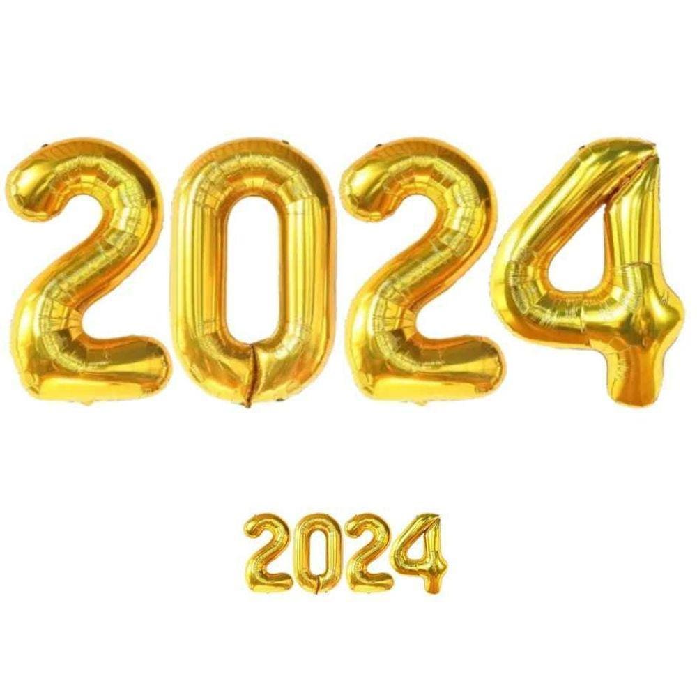 Kit Balão Bexiga Metalizado 2024 Dourado Ano Novo Reveillon