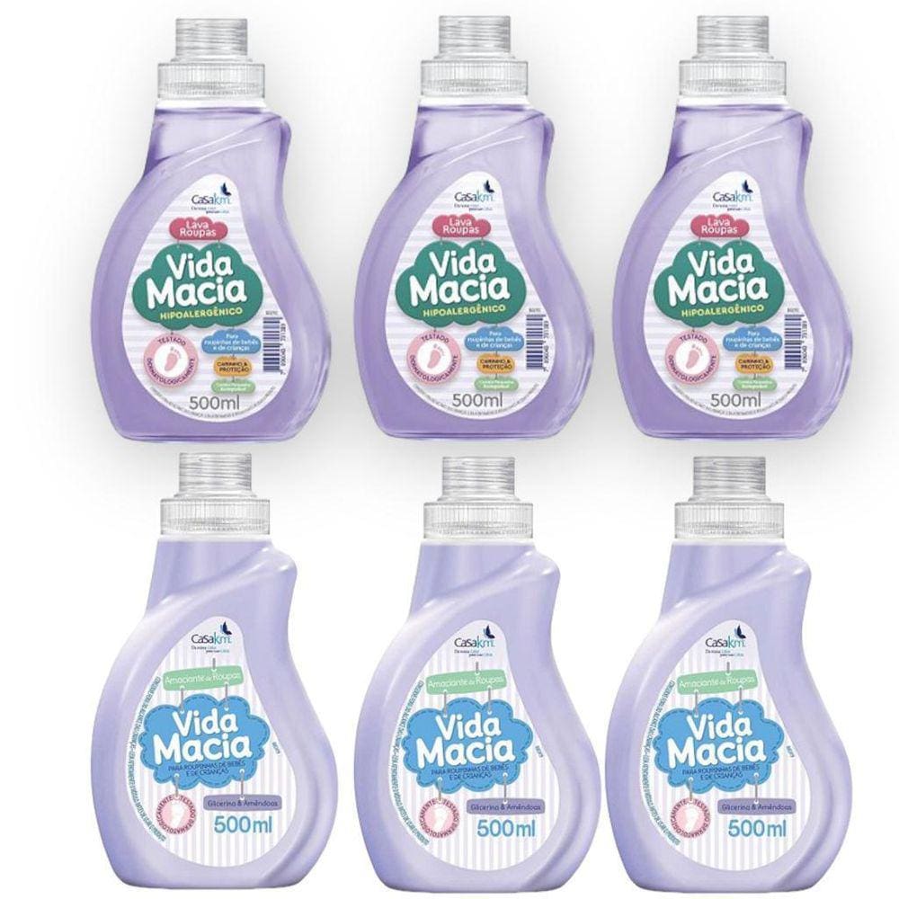 Kit Vida Macia: 3 Un Lava Roupas 500Ml + 3 Un Amaciante
