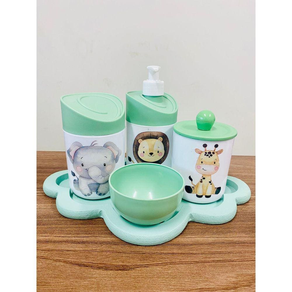 Kit Higiene Leão, Girafa, Elefante Verde C/Bandeja Nuvem Verde