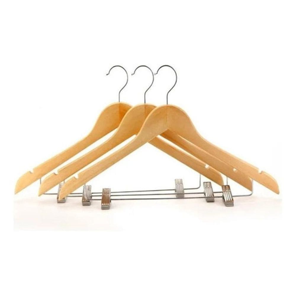 Kit 3X Cabides De Madeira Com Presilha Verniz Marfim Roupa