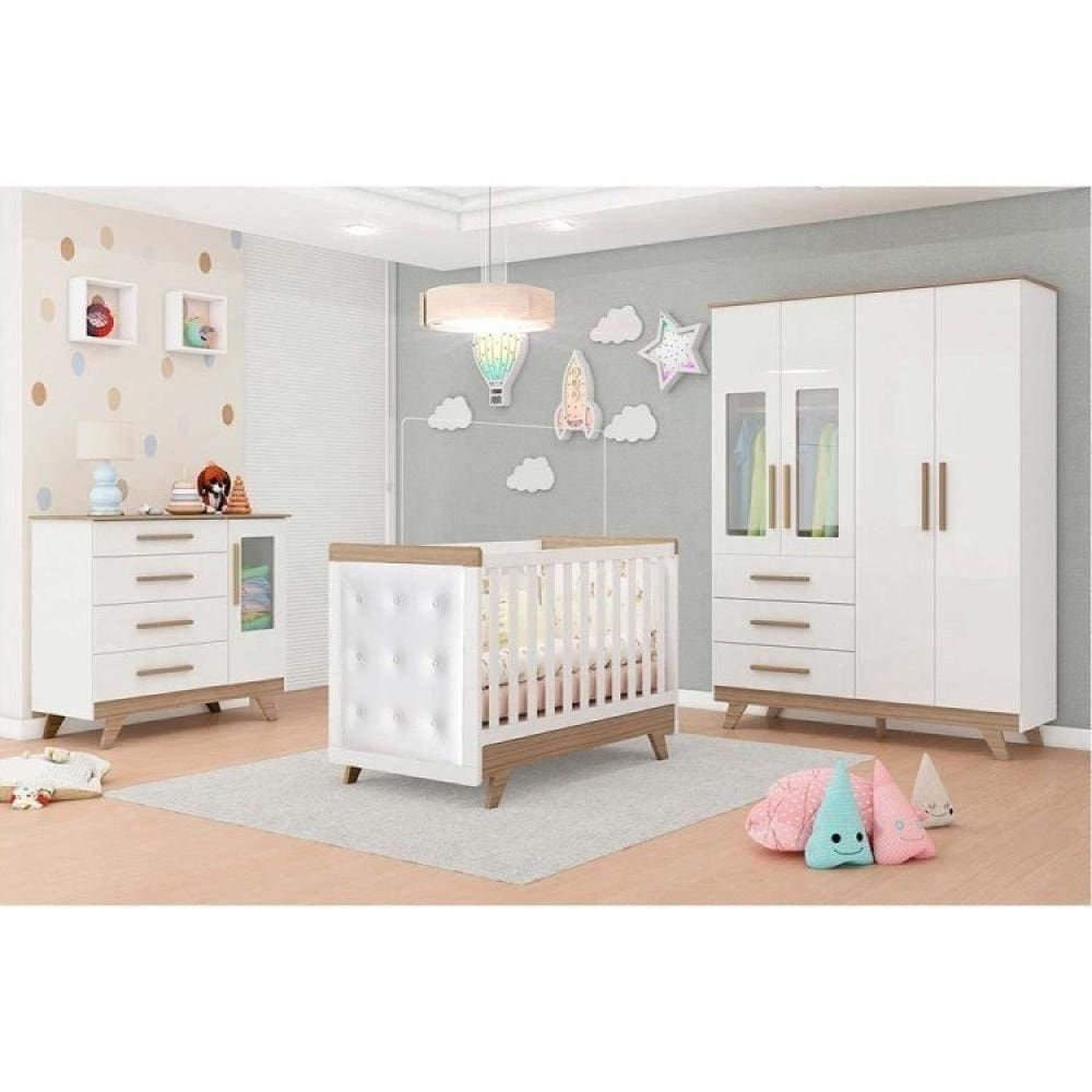 Quarto de Bebê Completo com Guarda Roupa com Janela Cômoda e Berço com Capitone Retrô Móveis Peroba Branco Brilho/Carvalho/Corino Branco