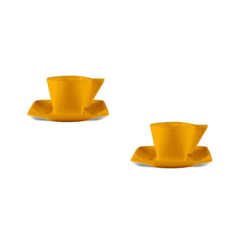 Kit 2 Xícara E Pires Amarelo 50Ml Plástico
