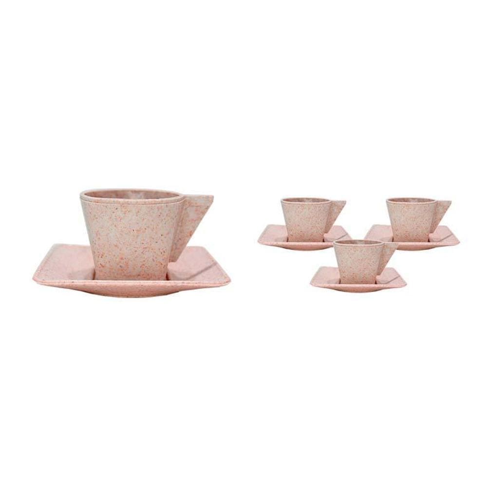 Kit 4 Xícara E Pires 50Ml Fibra Madeira Palha