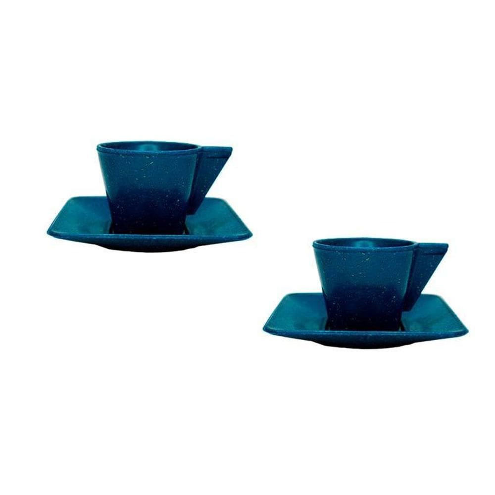 Kit 2 Xícara E Pires 50Ml Fibra Madeira Azul