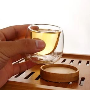 Copos Parede Dupla Vidro Borossilicato Base De Bambu 80Ml
