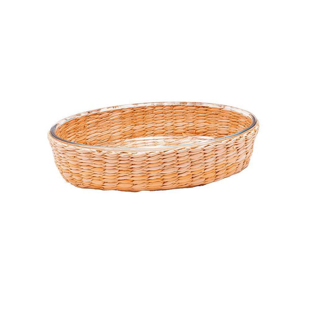 Travessa Oval Vidro Boro com Suporte Rattan 31 cm Mimo Style