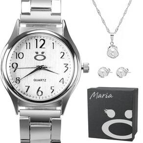Conjunto Relógio Maria Prateado + Colar e Brincos