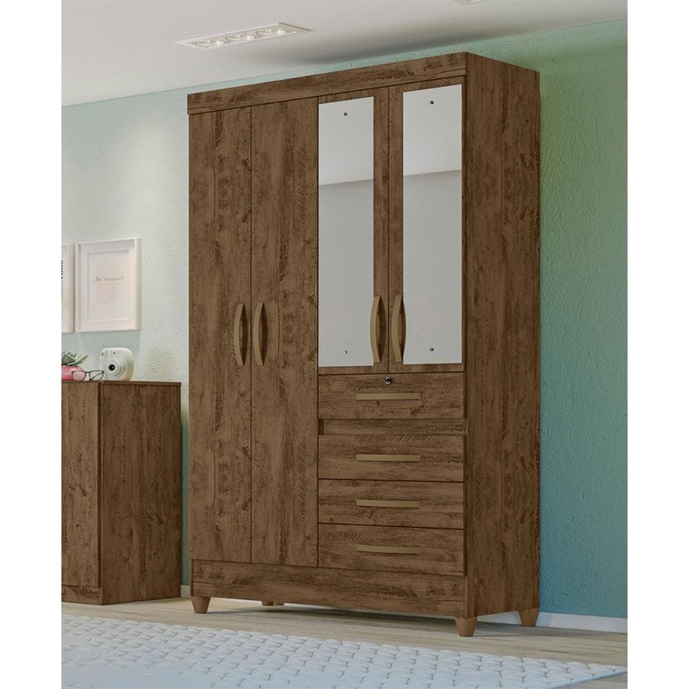 Guarda Roupa Solteiro 4 portas com espelho 4 gavetas Castanho Wood Sobral - Moval