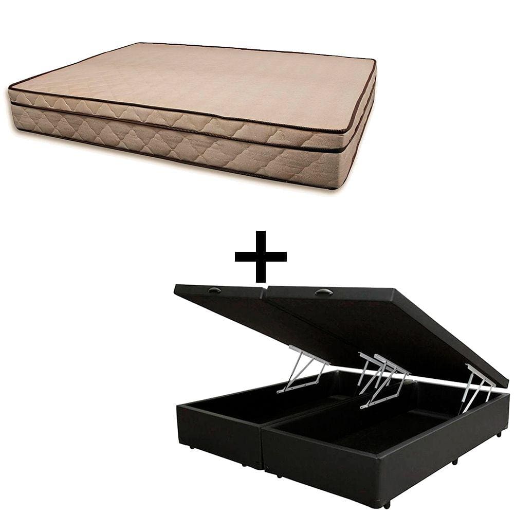 Cama Baú Casal 138 Bipartido Tecido Sintético Preto Com Colchão Polônia Bello Box - D28 66x138x188