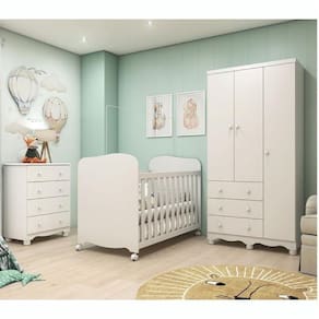 Quarto de Bebê Completo com Berço Mini Cama Guarda Roupa 3 Portas e Cômoda 100% MDF Mimo Móveis Peroba Branco Brilho