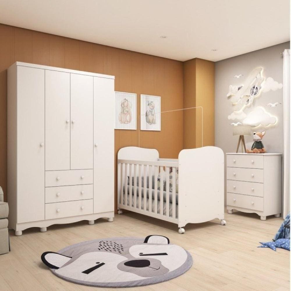 Quarto de Bebê Completo 1 Berço Americano Uli 1 Guarda Roupa Júnior 1 Cômoda Júnior Móveis Peroba Branco Brilho