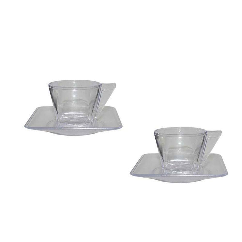 Kit 2 Xícara E Pires Cristal Transparente 50Ml Plástico