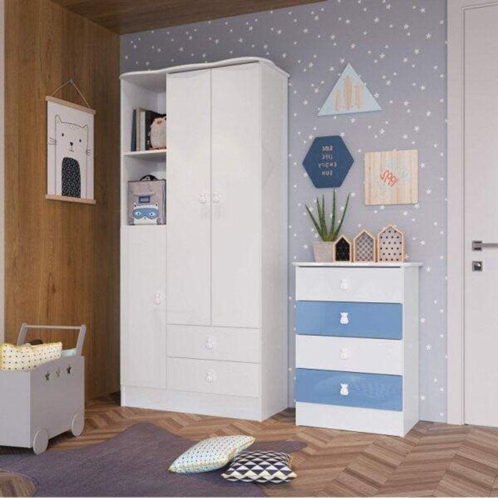 Quarto de Bebê Completo com Guarda-Roupa e Cômoda 376993 Espresso Móveis Branco/Azul