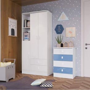 Quarto de Bebê Completo com Guarda-Roupa e Cômoda 376993 Espresso Móveis Branco/Azul