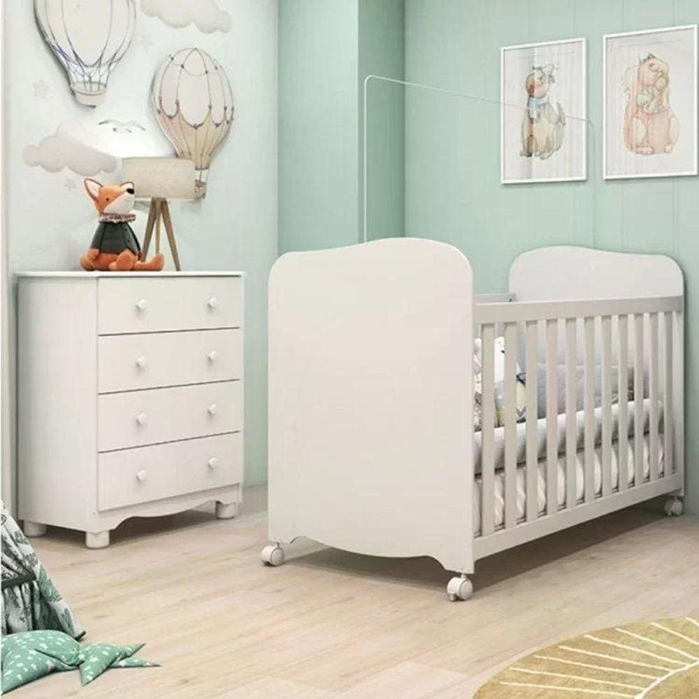 Quarto de Bebê com Berço Mini Cama e Cômoda 4 Gavetas 100% MDF Mimo Móveis Peroba Branco Brilho