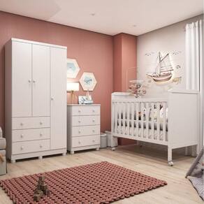 Quarto de Bebê completo Berço 2 em 1 Guarda Roupa 3 Portas Cômoda 4 Gavetas Júnior Móveis Peroba Branco Brilho