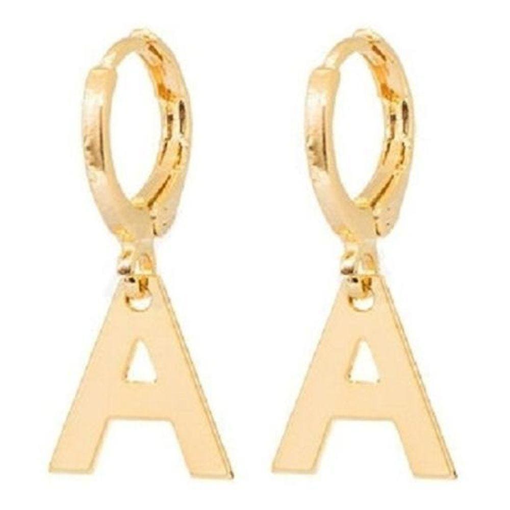 Brinco Argola Pingente Letra Banhado Ouro 18K - Dourado - R