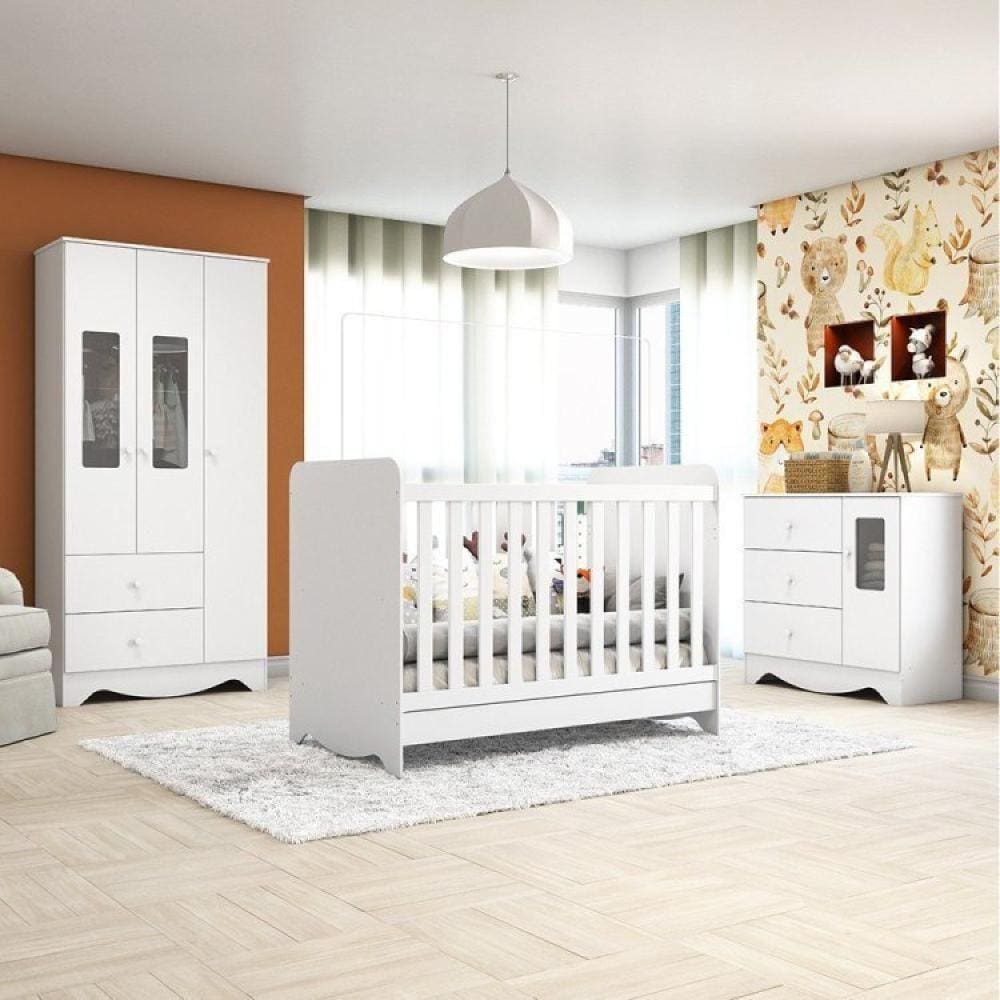 Quarto de Bebê Completo com Guarda Roupa e Cômoda com Janelas e Berço 3 em 1 Pirueta Espresso Móveis Branco Brilho
