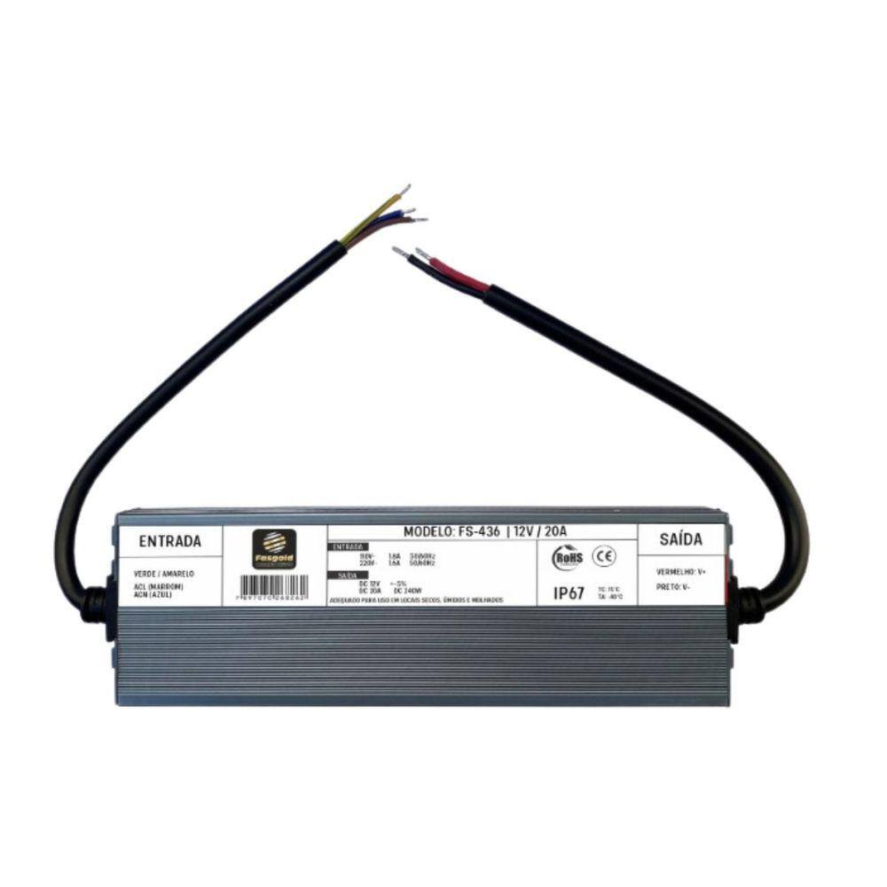 Fonte Blindada Bivolt De 12V 20A Com Proteção Conta Surtos E Aprova D`água IP67 FS-436 Fasgold