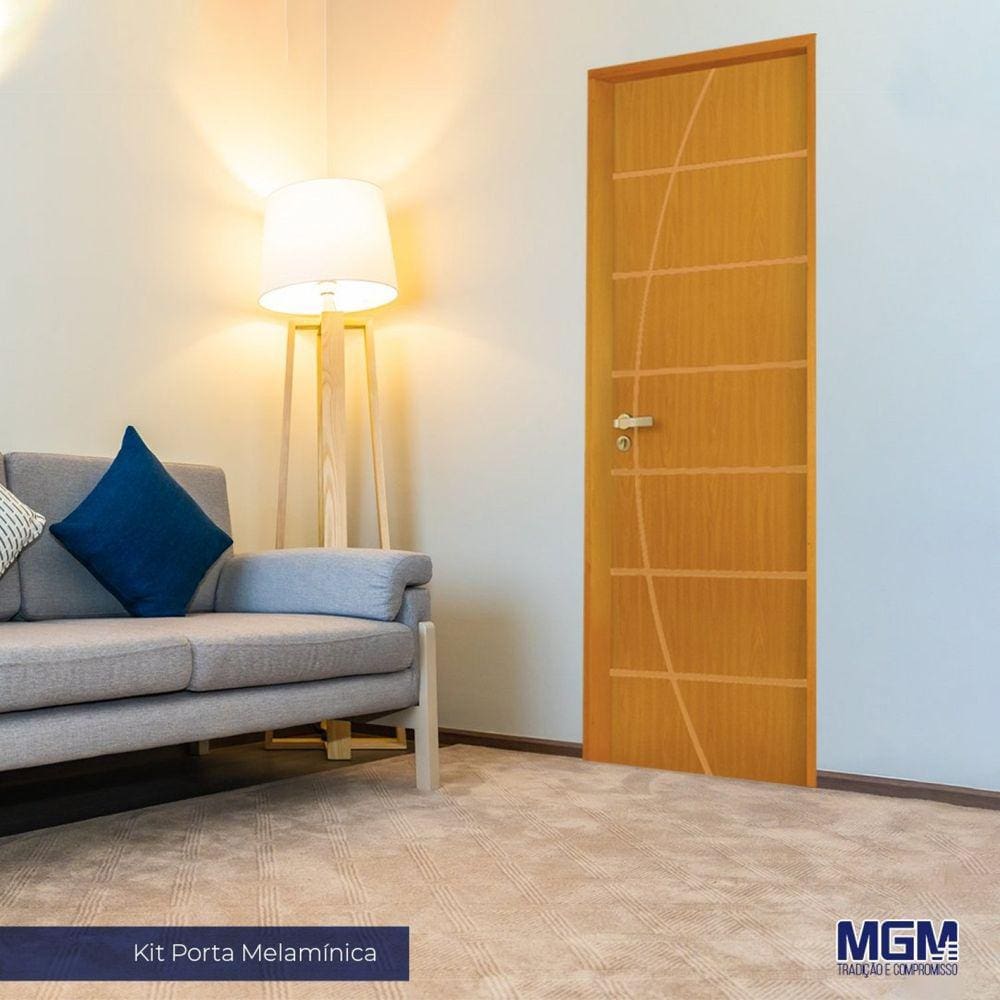 Kit Porta de Madeira Decorada 212x65cm com Batente de Alumínio 3,6cm Neblina MGM Mogno
