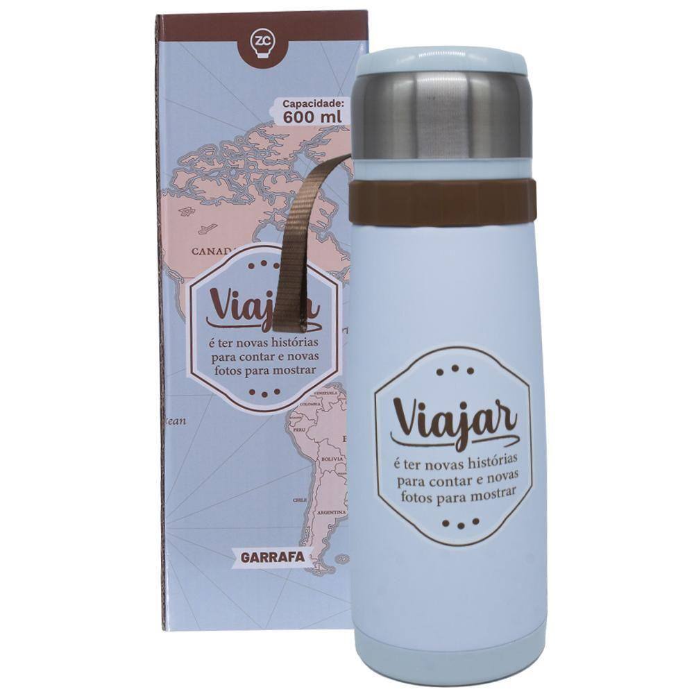 Garrafa Térmica 12 Horas Viajar Azul Com Tampa De Copo 600Ml