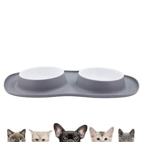 Pote De Ração Água Tigela Duplo Cachorro Gato Silicone Cinza