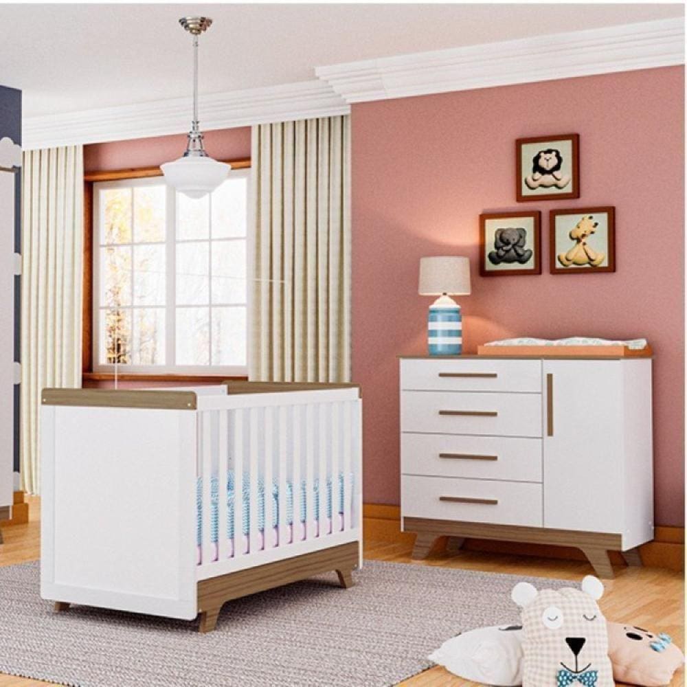 Quarto de Bebê com Cômoda 1 Porta e Berço Retrô Móveis Peroba Branco Brilho/Carvalho