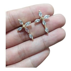 Brinco Cruz Zirconia Folheado A Ouro - Dourado