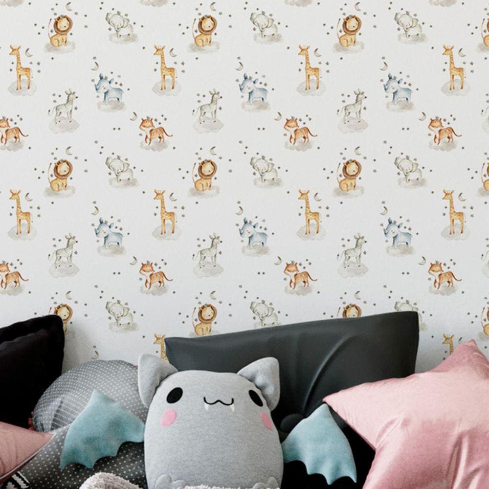 Papel De Parede Infantil Aquarela Branca Animais Safari 3M