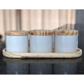 Kit Porta Treco / Condimentos / Mantimentos 200ml - 4 pçs - Potes Porcelana Bandeja e Tampa Pinus