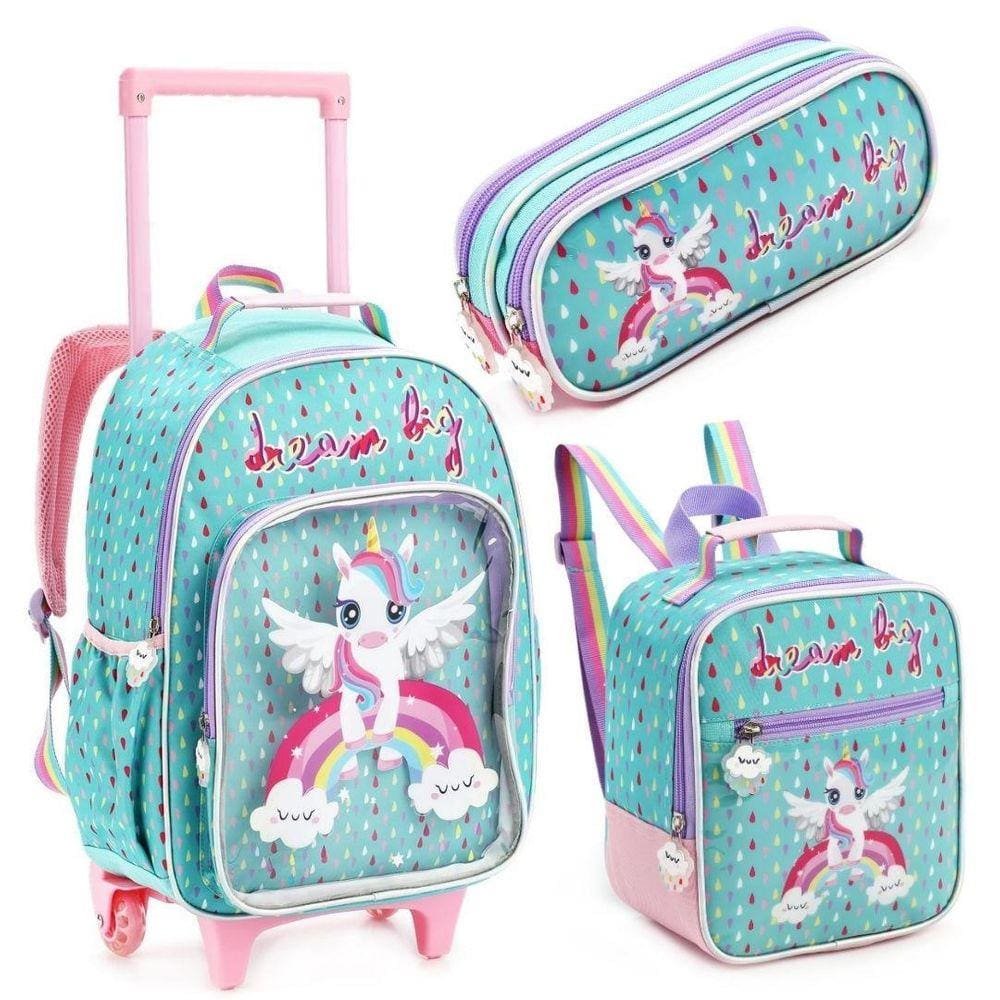 Kit Escolar Unicórnio Verde - Mochila, Lancheira e Estojo