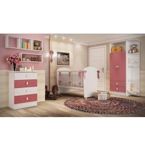 Quarto de Bebê Fofura, com Guarda Roupa, Comoda e Berço Móveis Percasa Branco/Rosa