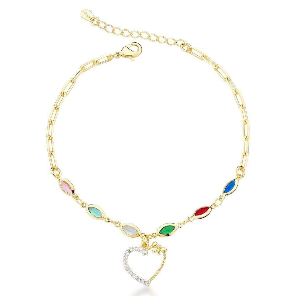Pulseira Elos E Zircônios Coloridos E Coração Banhado A Ouro 18k