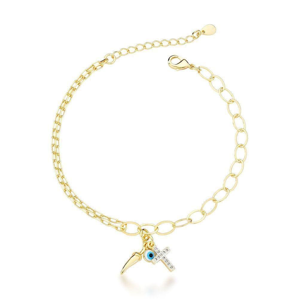Pulseira Olho Grego, Pimenta E Cruz Banhada A Ouro 18k - 18cm