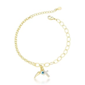 Pulseira Olho Grego, Pimenta E Cruz Banhada A Ouro 18k - 18cm