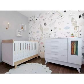 Quarto de Bebê com Berço Cômoda com Janela e 2 Nichos 100% MDF Retrô Kakau Espresso Móveis Branco Brilho/Carvalho