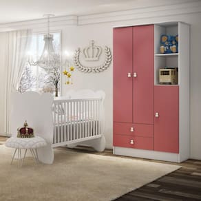 Quarto de Bebê Completo Berço com Guarda Roupa 3 Portas 2 Gavetas 2 Nichos Algodão Doce Móveis Percasa Branco/Rosa