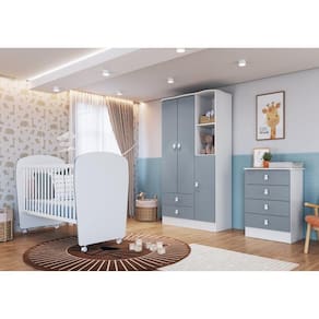 Quarto de Bebê Completo com 1 Berço 1 Cômoda 1 Guarda Roupa Arco-Íris Móveis Percasa Branco/Azul